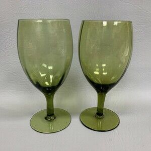 Vintage Green Glass Glasses Goblets Faceted 7 Inches High Lot of 2